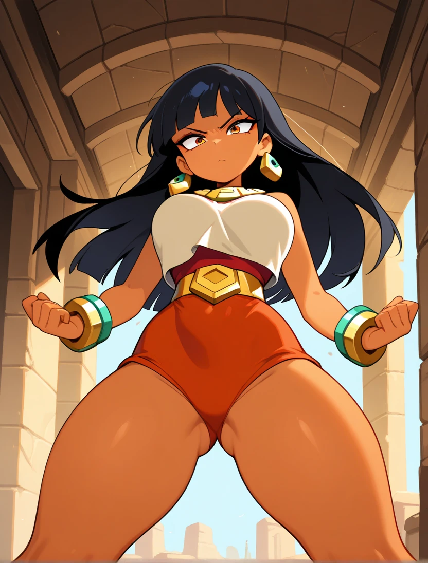 (masterpiece),( best quality), 1girl, long black hair, dark skin, bright hazel eyes, hyper-detailed, perfect body, detailed eyes, beautiful girl, superhero, leotard, war_glam armor, embroidery, tiara, bare legs, gloves, boots, ripped muscles, athletic physique, curvy athletic body, infused with energy, spinning into a cyclone, outstretched arms, whirlwind