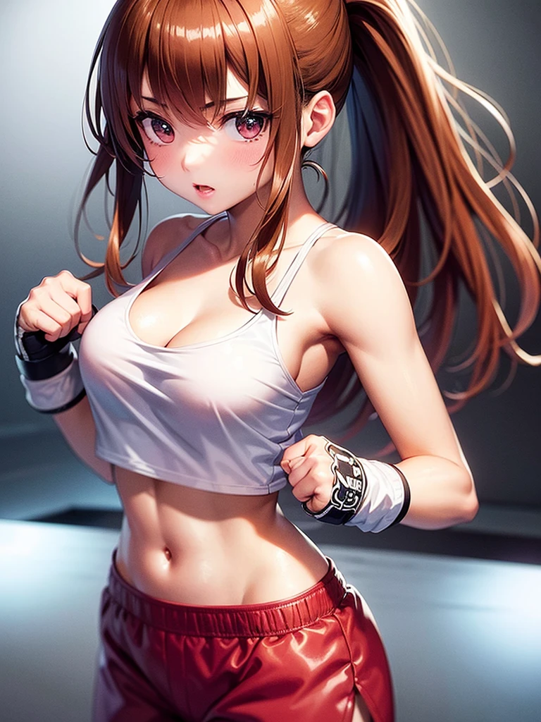 (((masterpiece,Highest quality:1.3,best quality illustration))),(realistic),cowboy shot,solo,1woman,18 year old beauty,black hair,long hair,bangs,black eyes,gorgeous big eyes,((very small head:1.3)),((very long body:1.2,skinny)),medium breasts,White tube top shirt、navel、(Black pleated mini skirt),Brown leather fingerless gloves、sweat,gleaming skin,toned body,slender body、boxing、During a martial arts match、amphitheater、
