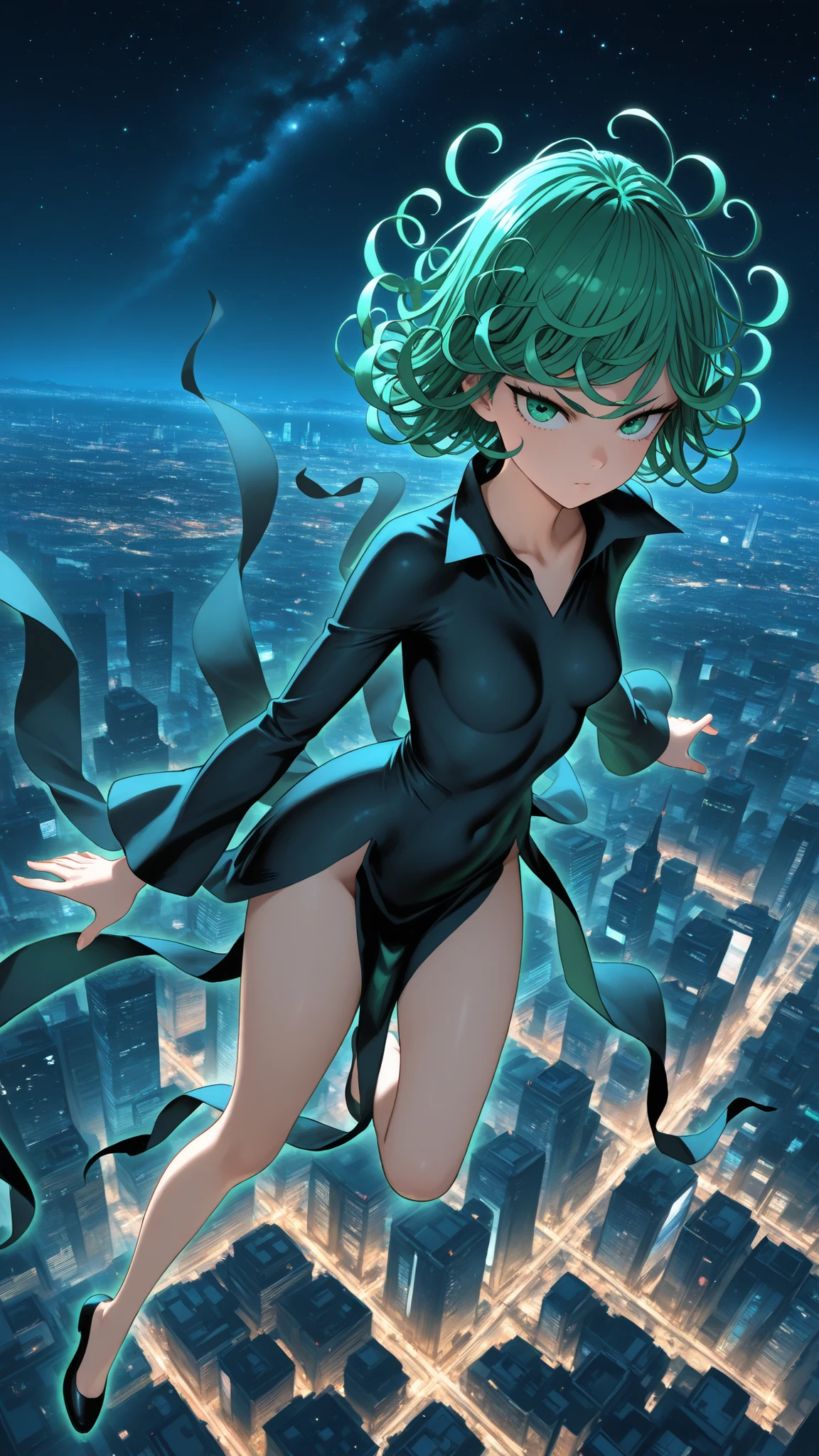 Tatsumaki, black dress, showings armpits and pussy, half naked, (((half naked)))sci Fi city background in the night.