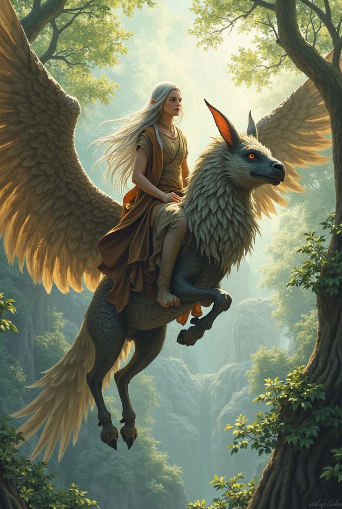 Create two elf siblings male and female with silver hair and the male is riding a griffin and the female is riding a giant praying mantis