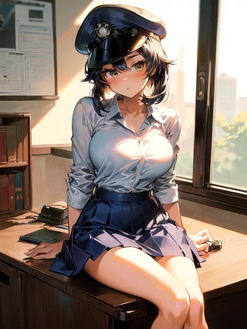 Ishimi, pantyhose, white shirt, cleavage, pencil skirt, office, cowboy shot, sitting, highly detailed, HD, 4K, Masterpiece, highres