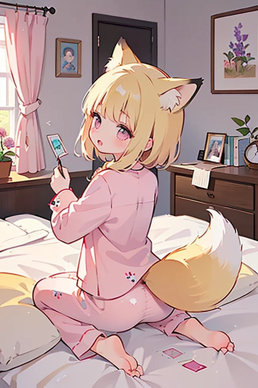 Chubby White Wolf girl,Shorts and shorts,Blue and white sailor suit,There are round pink pads on the paws,bedroom,window,Orange and green mattress,collapse on bed,Thunderstorm,desk lamp,Green Plants,night,Warm colors,Orange yellow,warmth,A bedroom filled with wood,desk lamp。White Wolf,two legs,Two arms,Big Tail,White hair,paw,Big claws,Green pupils,The window is full of Green Plants,Bookcase,pen,Book。full-body shot