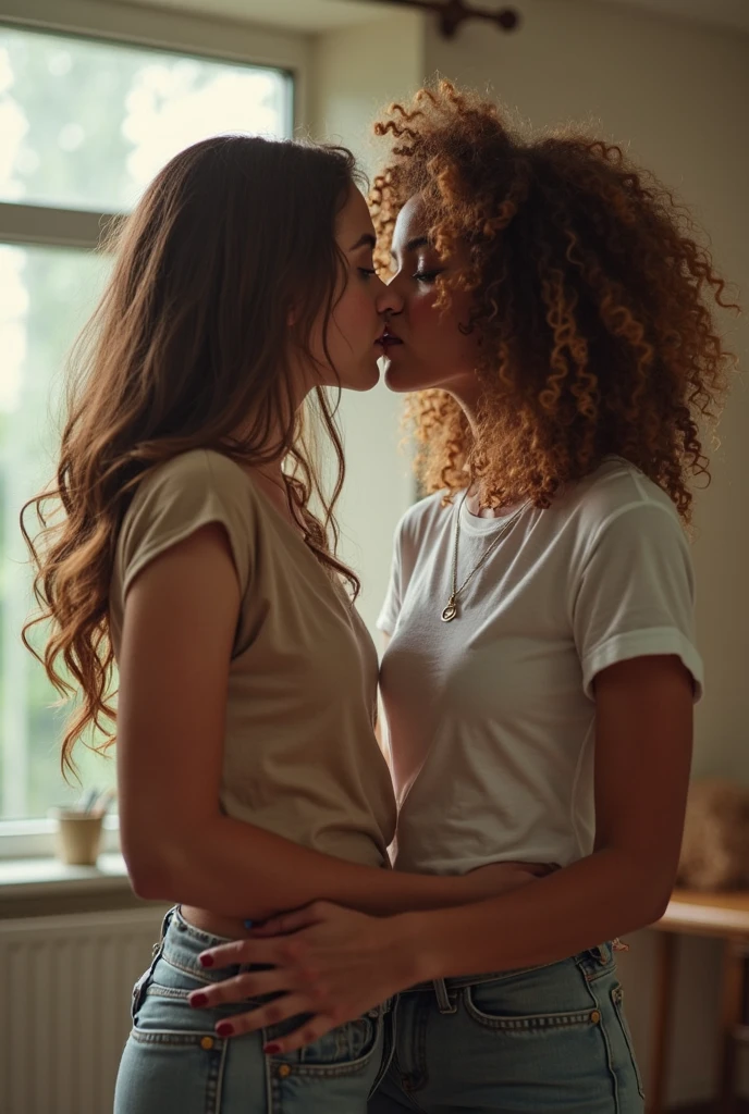 ((two women)) ((lesbians)) ((kiss)) ((clothes stuck together)) ((lifting shirt)) ((large bust)) ((lying on a bed)) ((large bed)) ( (two girls in a big bed)) ((love)) ((romance)) ((Red-haired girl with freckles and short curly hair)) ((Girl with curly hair)) ((Girls)) ((Short clothes)) ((Passion and romance))