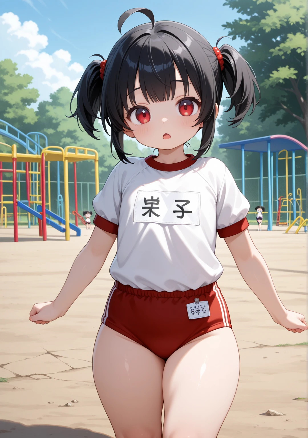 (((masterpiece, highest quality:1.2))),12 year old beautiful girl,solo,black hair,long ponytail hair,black eyes,big eyes,blunt,skinny,small breasts,shiny skin,oily skin,sweat:1.4,Love juice、Wet crotch、blush,tears,crying,drooling, school gym clothes、White short sleeve T-shirt、Red Ringer Neck, school gym red buruma,rotor toy,standing,Schoolyard、School、Daytime、