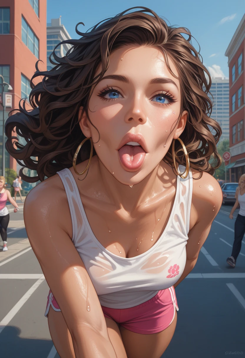 (), big boobs,(masterpiece), best quality, extremely detailed, (watercolor), bloom, beautiful agony 18 year old female with dark skin, delicate and beautiful, illustration, (from below),(1girl:1.4), (solo:1.2), large breasts, (wet blouse:1.3), off-shoulder wet blouse, (short shorts:1.2), bare shoulders, (underboob:1.2), beautiful eyes, pawg, (extreme long curly disheveled hair ),  photography, over-the-shoulder shot, by Alex Maleev, professional, canon camera, nikon camera, sharp, bokeh, studio quality, fisheye lens, by Robert Capa , tongue out