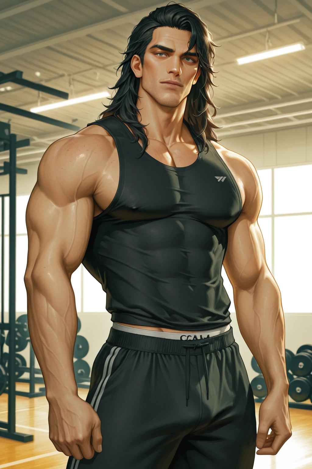 Robust athlete man, upper body revealed, legs uncovered from thighs to feet, bearded with beaded accents, flowing long curls, meticulous muscle definition, lifelike representation, 4K quality. Background: Gymnasium with weights and exercise equipment.,32k uhd, best quality, masterpiece, super detail, high details