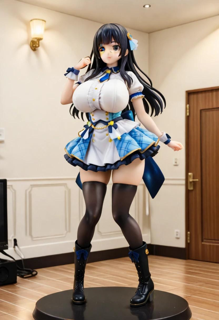 (absurdres, highres, illustration), 1girl, (((ushio))), (ahoge), (black hair), ((straight hair)), (saggy huge breasts:1.5), (puffy nipples:1.5), (huge areola:1.3),(cute smile, happy), (squatting), (spreading legs), bare shoulders, zipper, (((blue leotard))), ((highleg)), ((highleg leotard)), belt, loose belt, gloves, red gloves, fingerless gloves, thighhighs, white thighhighs, brown footwear, boots, high heel boots, high heels,