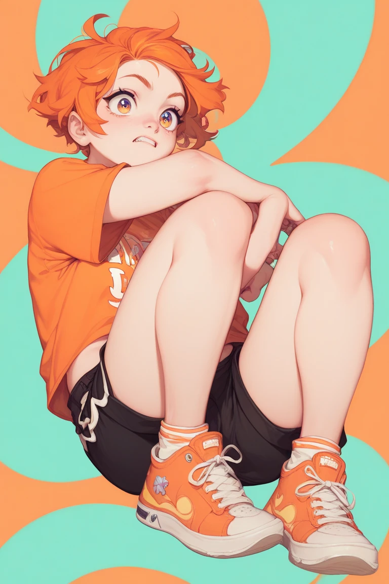 a girl fire type pokemon trainer with red hair black shirt orange shorts black sneakers