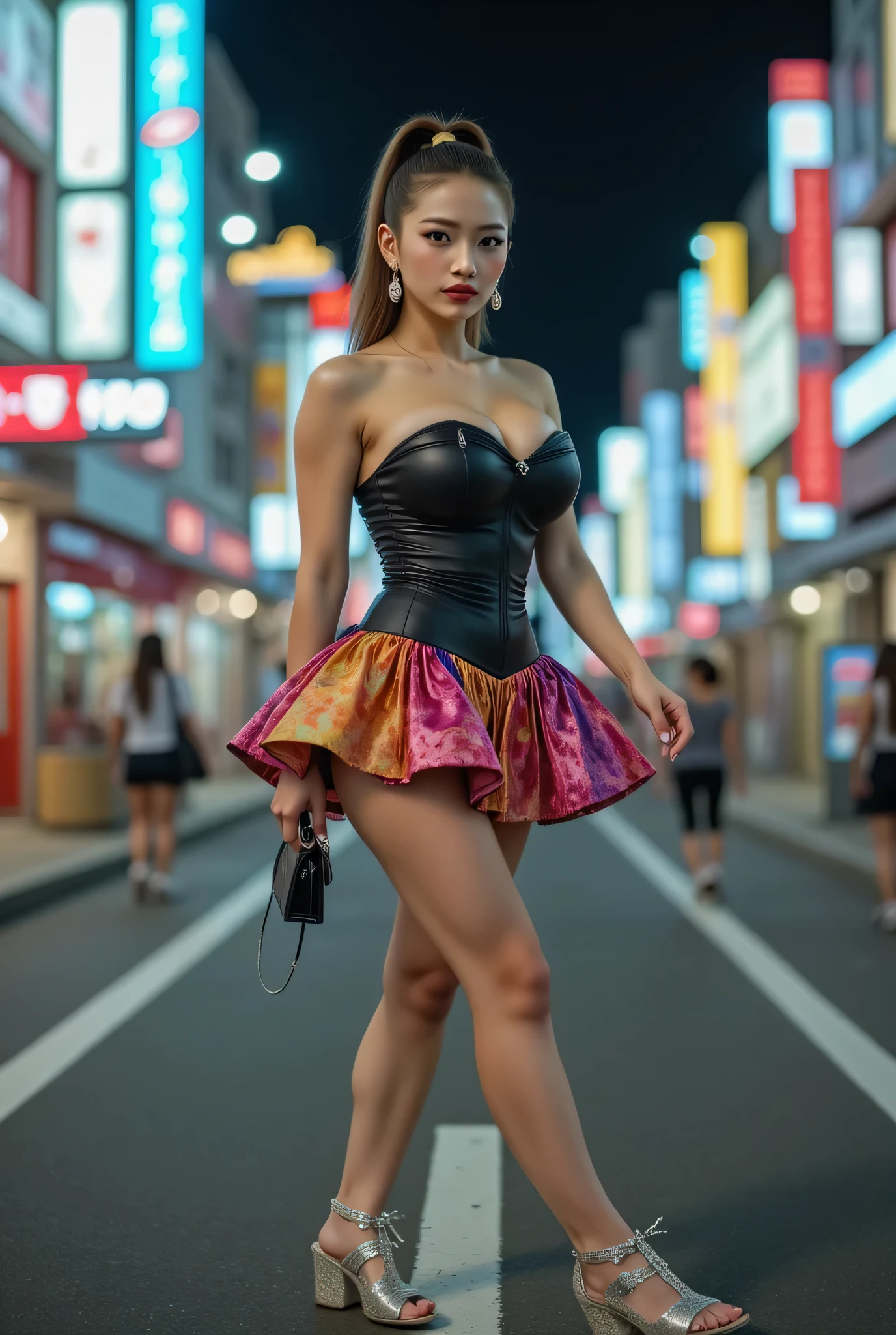 ((A dress that doesn't expose the navel)).
A hostess walking through a busy downtown area late at night.
Super beautiful Japanese woman, looks like a intimidating dominatrix, closed mouth, condescending gaze, staring at the viewer, makeup, eyeshadows, eyeliners, long false eyelashes, light red lips, short high ponytail.
Glamorous body, big breasts.
Ultra tight-fitting short tube dress, colorful and gorgeous skirt, (thighs wearing pantyhose), detailed earrings, detailed jewelry, detailed luxury bags.
Photo quality, masterpiece, colorful to keep.