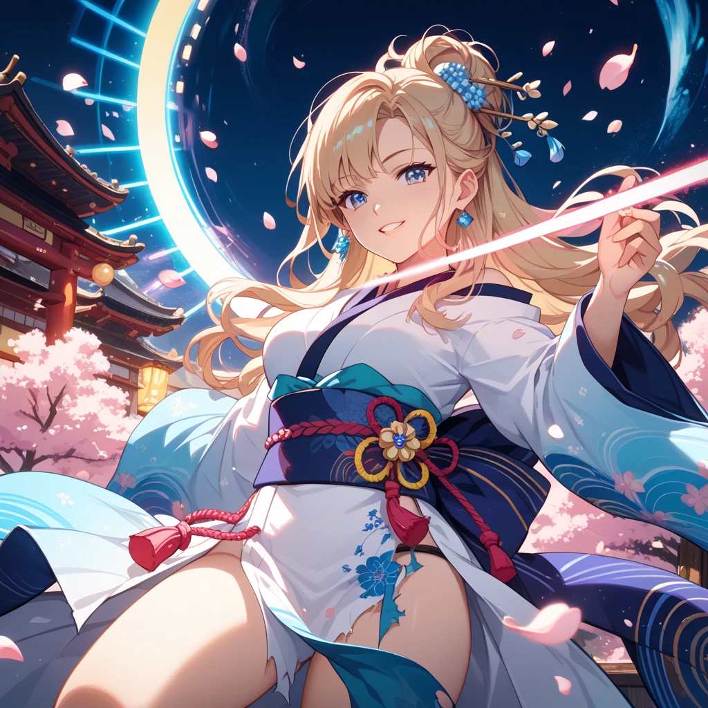 Colorful cable and kimono fused, cable connects to kimono, colorful effects around, headphones, countless cables, countless cables leading to girl, colorful cable, cable plugged into body, only stuck in cable, wrapped around cable, background is tensioned cable, background is electronic board, background is colorful effect, rabbit , pigtails, nipple seals, small, lower breasts, huge thighs, thick eyebrows, thin waist, beautiful blonde, braid, (masterpiece), ((highest quality)), (super detailed), girl, (beautiful eyes)), beautiful detailed eyes, clean and detailed face, five fingers, textile shading, perfect anatomy,