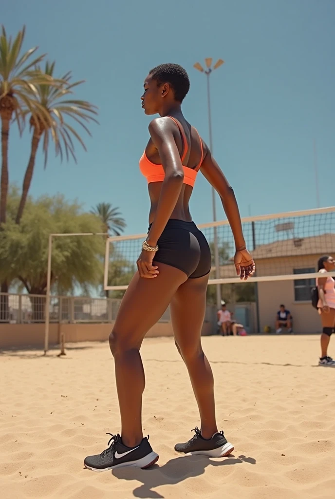 black girl athlete, soccer player, during the match, beautiful smile, with uniform raised, showing lingerie, taking off panties, seen from behind