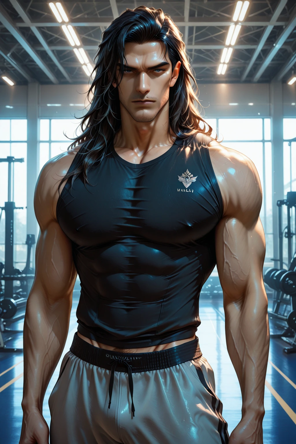 Muscular athlete, bare chest, lower body uncovered from thighs to feet, long flowing curls, meticulous muscle definition, lifelike portrayal, 4K quality. Background: Modern gym with exercise equipment and mirrors,32k uhd, best quality, masterpiece, super detail, high details