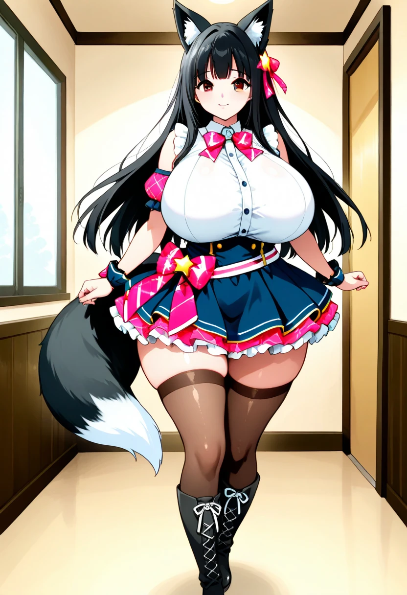 Plump girl big  black hair brown eyes dog tail ears dog uniform school