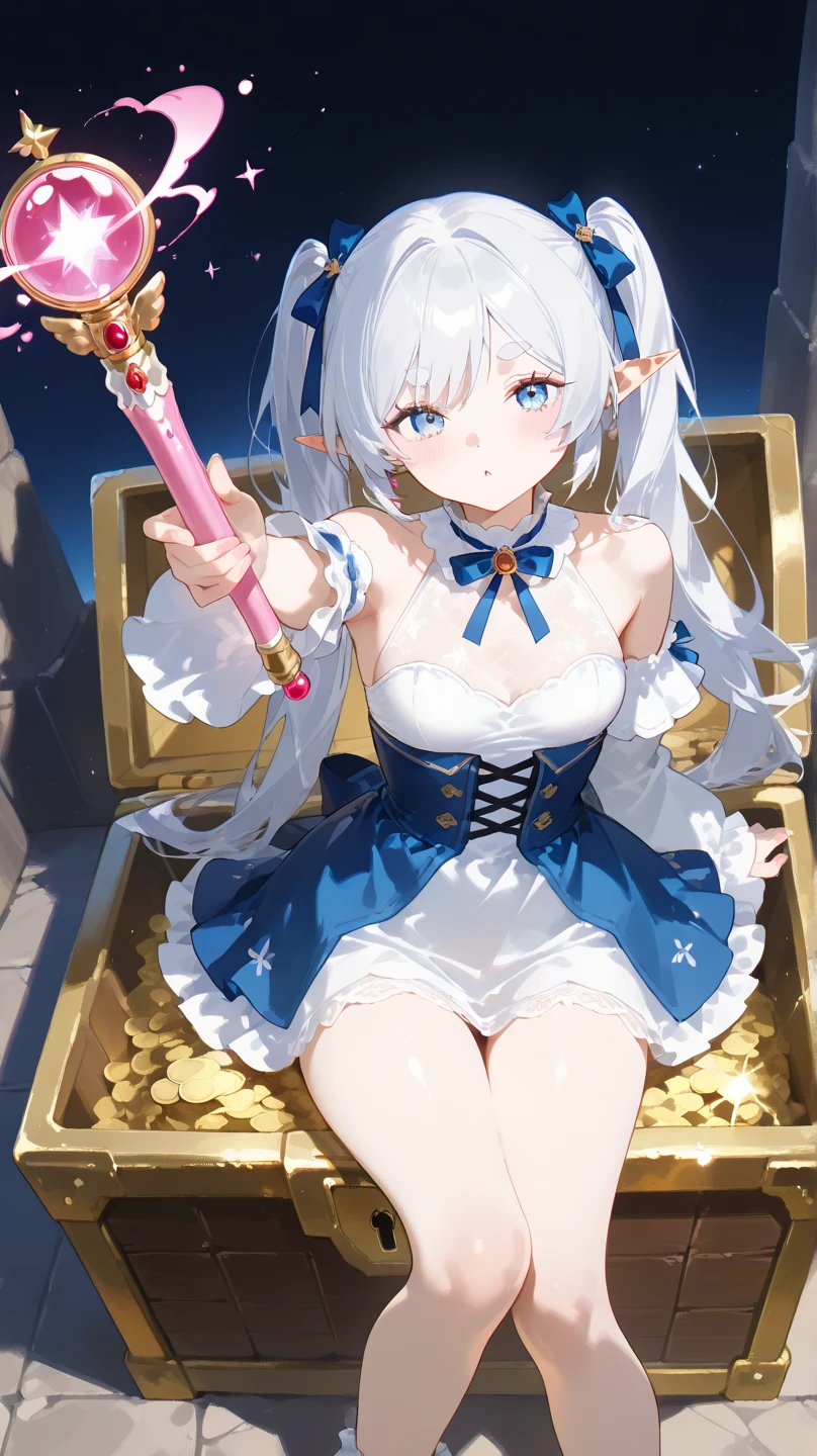 (((1girl))), ((best quality)), ((masterpiece)), ((ultra-detailed)), (illustration), (detailed light), (an extremely delicate and beautiful), (beautiful detailed eyes), (sunlight), ((extremely light)), ((extremely clothes)), (((hyper detail))),(((((front lighting))))),(((((front light))))),
((((quite adorable Novice Sorcerer's uniform with a brief skirt)))), (((Novice Sorcerer))),
,
(((high twin pig tails))), ((((white silver hair)))),
(((yellow gold eyes))),
(whole body), aged 5 to 8, ((((())))), ((((very adorable young girl)))),
((condescending expression)), ((mischievous smile with sexual satisfaction)), (((extra adorable))), (((((extra slender shape))))),
(((((extremely beautiful detailed face))))),
(((attacking enemies by a spell of blue spit of clear water))), (((elegant magic boots))),
((Dutch angle)), (((white gloves))), ((transparent magical underskirt)), (a little bit exposed adorable white panties)