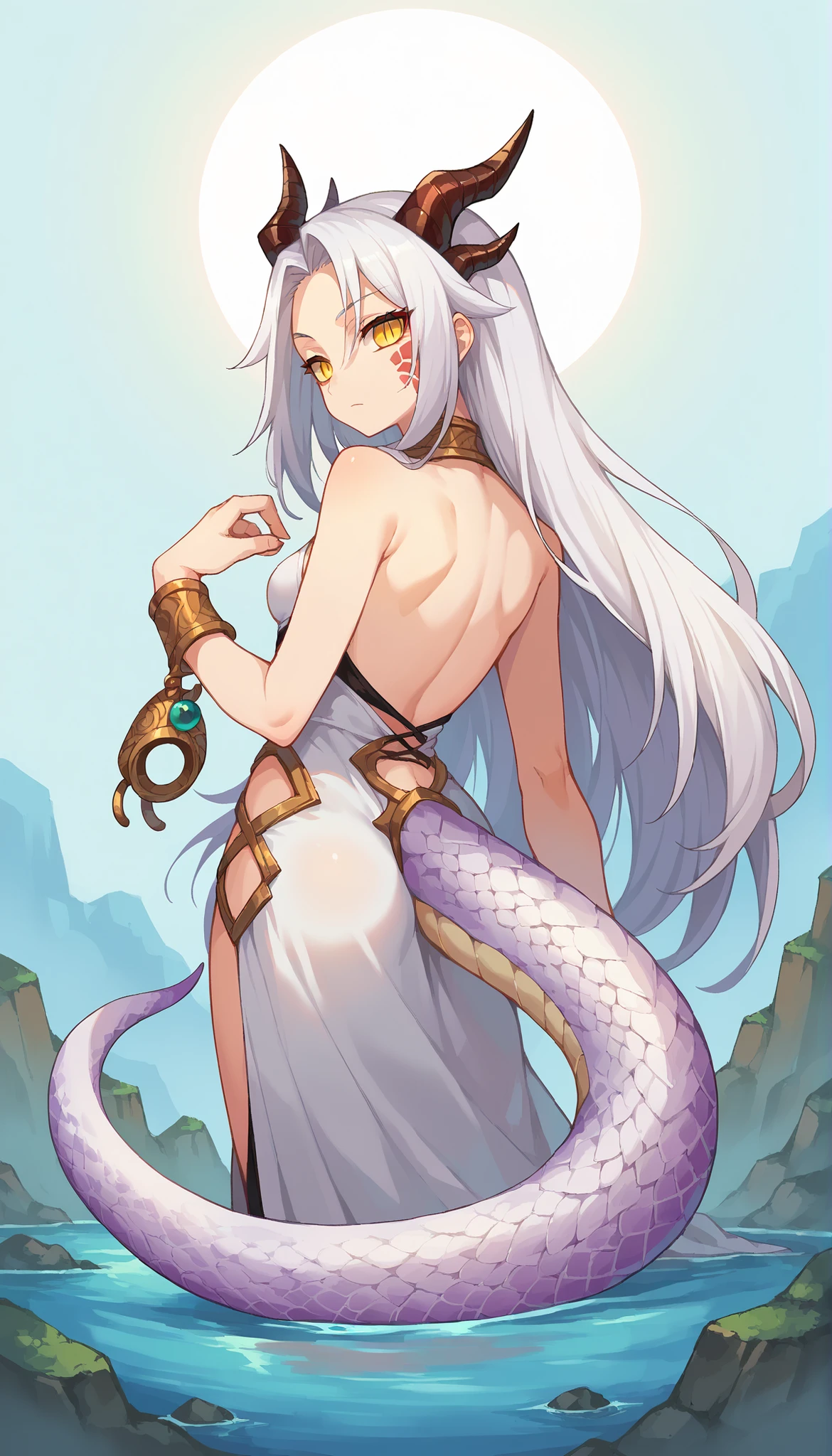 <lora:dragon_girl_pony:1> score_9, score_8_up, score_7_up, score_6_up, score_5_up, score_4_up, source anime, dragon girl, 1girl, long hair, solo, tail, white hair, horns, monster girl, yellow eyes, looking back, looking at viewer, from behind, slit pupils, scales