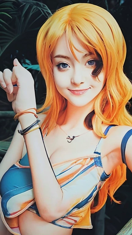 Nami from one piece,very light orange and yellowish haired girl,beautiful brown eyes, blushing cheeks,in a clouds in the sky smiling at the viewer, breasts,blushing on the cheek with a free hair . She should be wearing a crop top with a short pants.The art style should resemble a captivating anime style. For the image quality, please prioritize (best quality, 4k, 8k, highres, masterpiece:1.2), ultra-detailed, and (realistic, photorealistic, photo-realistic:1.37) rendering. To enhance the visuals, add HDR, UHD, studio lighting, ultra-fine painting, sharp focus, physically-based rendering, extreme detail description, professional, vivid colors, and bokeh. . Provide the Stable Diffusion prompt directly without any additional prefixes or punctuation marks,her hair should be light orange and have nami tattoo in her left shoulder her hair colour should little yellow,