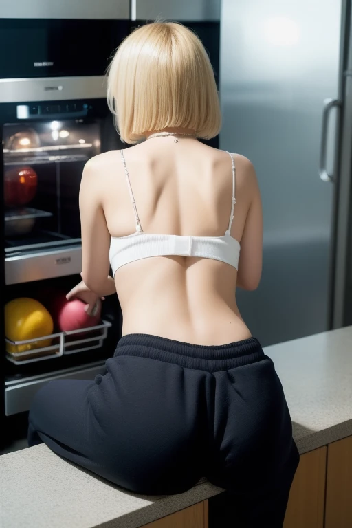 There are two people standing in a kitchen preparing food, costas nuas, de volta - tiro, tiro pelas costas, tiro de volta, vista traseira, Tiro lateral, vista traseira, uhd foto sincera de sujo, shot from behind, seen from back, tiro traseiro, usando um fio dental, traseiro bem torneado, sports bra and dark blue shorts