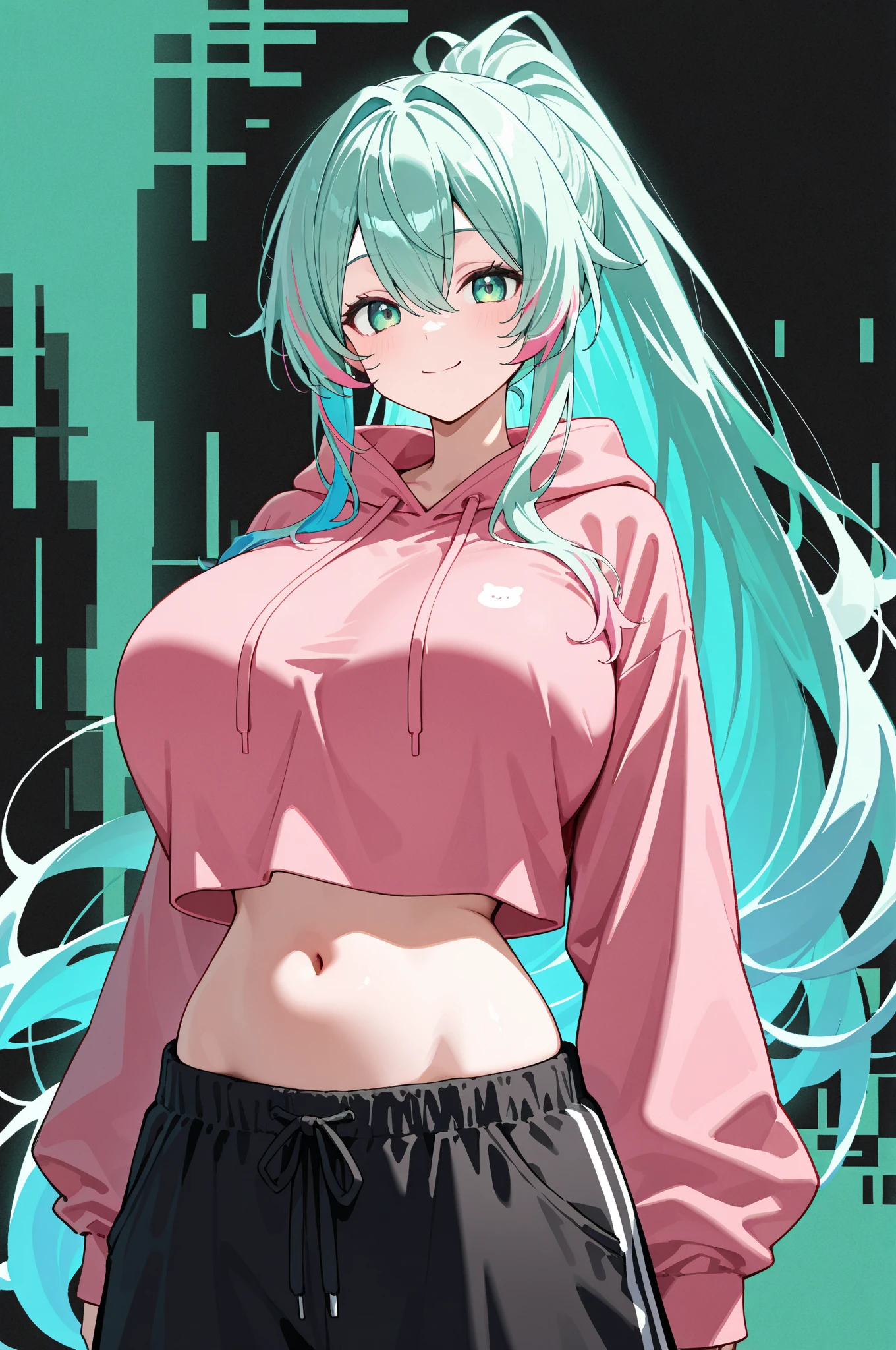 Second Dimension、pretty girl、sister、smile、Light blue hair、sit、front、bed、Large waist circumference、Chubby、Place hands on hips、chest、Shorts、Pink hoodie、Midriff、belly button、Open your mouth、Green Eyes、Long Hair、Light blue hair、Dark Room