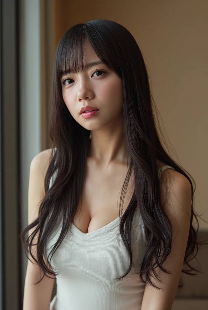 1girl, realistic, eye and face details, full lips, lipstick, (makeup), face hd, Asian woman with black hair, hip-length hair, long hair, coreana, asian features, young cute wan asian face, Ulzzang, asian face, a young Asian woman, asian, AESPA,wonyoung, wonyoung IVE, black hair, long black hair, background, hoooooyeony, HoYeon Jung, busty famele, girl with bangs, big, serious girl, Lee Su-hyun, short top, big breast, thin clothing, seductive and erotic girl, small eyes, asian eyes, long hair, attractive girl (( pechos grandes )), 18 years, korean, attractive, casual photo, casual picture, she is eating in a restaurant, restaurant, restaurant background, chill, asian eating