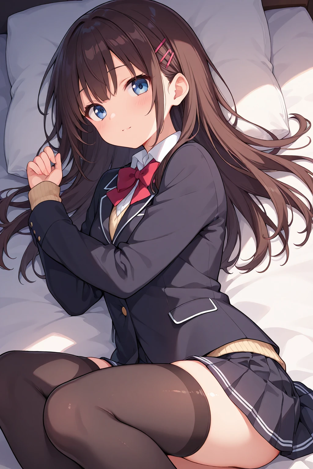 finest, masterpiece, High resolution, (Full body diagram from head to toe), Composition from the front and slightly below, symmetrical, 18-year-old, Slim and beautiful girl, alone, (small breasts), (not wearing shoes),Unkempt brown hair, bangs, (black tights), (black pantyhose), (Pose with legs spread on the bed), tied up with both arms hidden behind the back, (Composition showing black panties), (her legs spread、I can see black pants.), blush, shy big eyes, looking at camera, Blazer Uniform, plaid pleated skirt