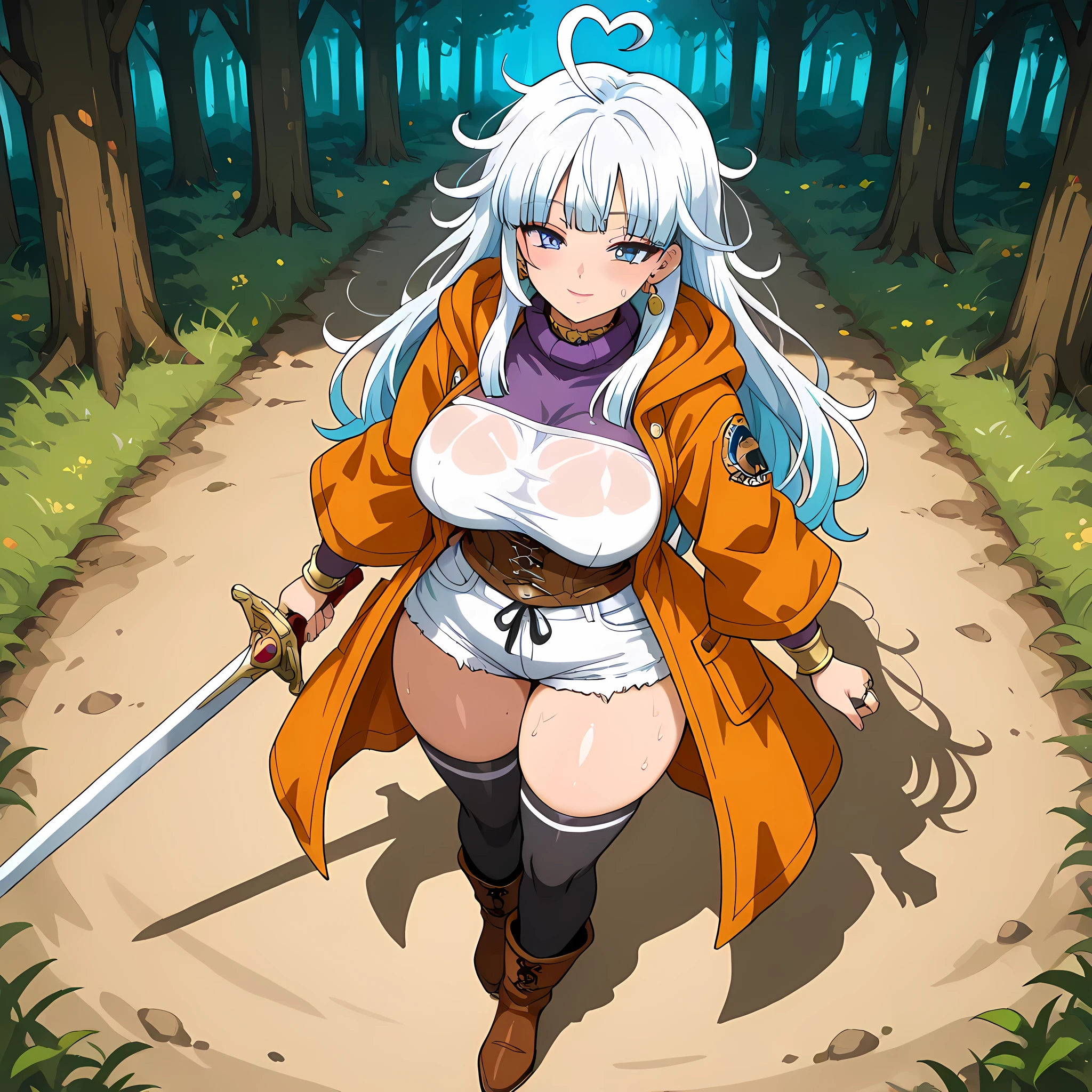 ((epic walking scene, tilted art, scenery seen from above, high side angle, full_body)), ((walking through the medieval city, Chrono Trigger anime style kingdom):1.15), (Chrono Trigger anime style:1.15, anime style warm colors, ultra quality, full HD, 4K quality, perfectly detailed eyes, rich scenery details, ultra facial details, ultra image sharpness, epic atmosphere, balanced light, character focus), {Ayla from Chrono Trigger}:((Adventurer's outfit, walking happily through the forest, orange hooded coat, thorn choker, black star printed on the jacket, charismatic behavior, woman looking with a smiling gaze, sapphire blue eyes, half-closed gaze, straight bangs, thighs together, white denim shorts tight on her fleshy thighs, purple turtleneck blouse with vertical black stripes tight on her round breasts, blouse pressing on her breasts, tight clothing on the body accentuating her curves, sensual lips, tight green thigh-high socks, heart-shaped ahoge hair, sweaty skin, orange cloth boots with black laces, messy hair and curled at the ends, double-colored white hair, green streaks at the ends, golden pupils, carrying a black-bladed sword with a golden jewel in the center in the sheath attached to her waist, golden earrings, rings of different types of jewels, bronze bracelets)), ((big breasts, round buttocks, curvy body, strong body, woman with defined body))
