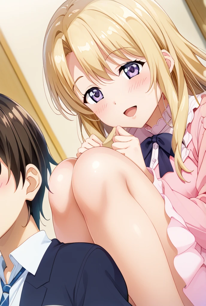 Beautiful long blonde　Naked Girl　Shyness　On all fours　fellatio　sidefellatio　from side　1boy　1girl　penis　diaper