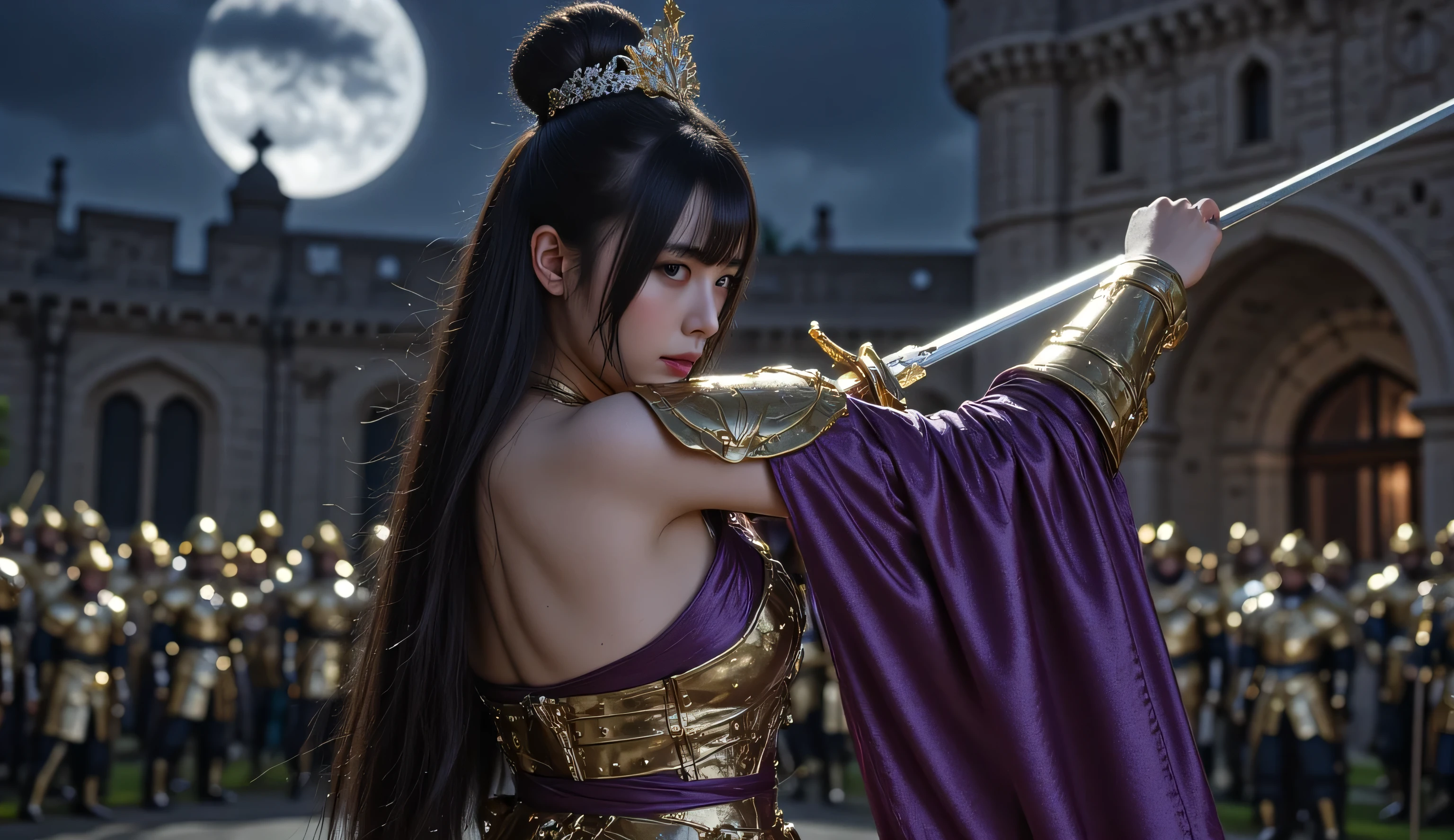 One piece screenshot.
Girl with black hair with dark purple tips collected with a long braid, with bangs.
Tired dark purple eyes and has a serious expression.
He is wearing black and dark gold Japanese armor..
In the background there is a cherry tree