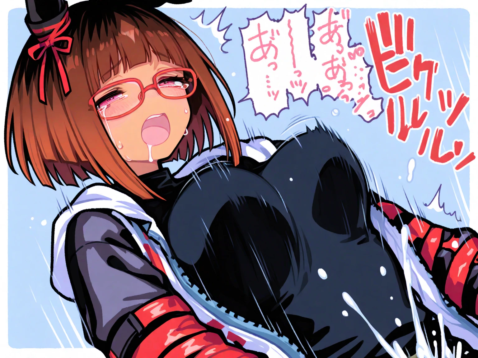 (masterpiece, highest quality), 1 girl, Transcend \(Umamusume\),((masterpiece,highest quality)), confused, Transcend_Umamusume,short hair, red eyes,masterpiece,highest quality,Red Under-Rim Glasses,smile, looking at the viewer,masterpiece, highest quality, Super detailed,super resolution,full body,beautiful face,(beautiful pussy),(beautiful nipples),very high resolution,cute,(pussy juice),nude,(huge breasts),((bristly pubic hair1.3)),(masterpiece,best quality:1.4),absurdres,high resolution,super fine,best illustration,shiny skin,shiny hair,detailed skin,detailed face,detailed eyes,BREAK,(1boy,penis:1.2),nipples,open clothes,blush,embarrassed,fog,pussy,navel,looking up viewer,
(pov,intense sex,vaginal:1.5),ecstasy,orgasm face,arched back,(motion lines,motion,trembling:1.2),cum in pussy,(excessive cum:1.3),(from above:1.4),bedroom,(on back,lying on bed:1.2),((1boy hetero grabbing breasts1.4)),(extreme face close up:1.5),(closed eyes),(thick lip),(kiss),(real tongue out),(drool)