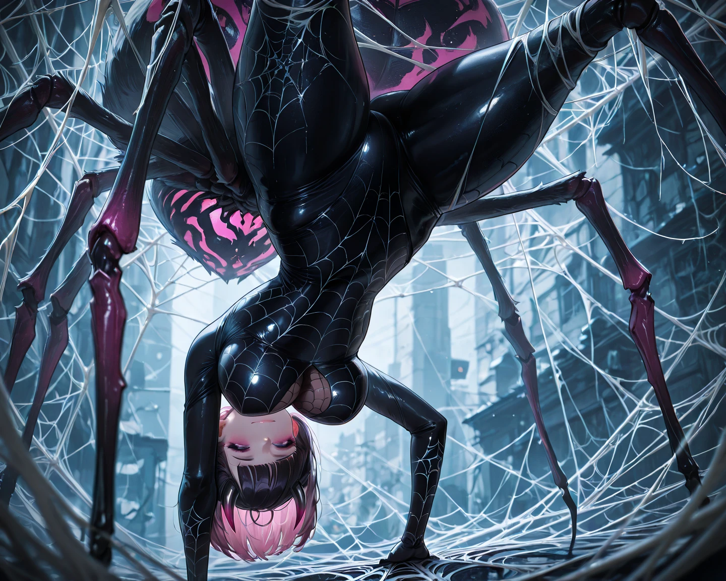 "(best qualityer,ultra detali,realisitic:1.37), Spiderman in symbiote suit swinging from building at night in city"