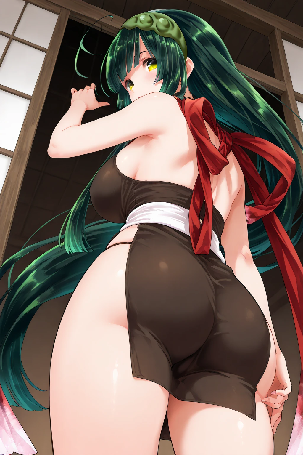 score_9, score_8_up, score_7_up, indoors, cowboy shot, source_anime, 1girl, long hair, silver hair, two side up, long sidelocks, jade green eye, ruby red eye, heterochromia, forehead, short eyebrows, hikimayu, long white eyelashes, white eyeliner, fang, wearing a bikini light smile, white thighhighs, thick_ass_