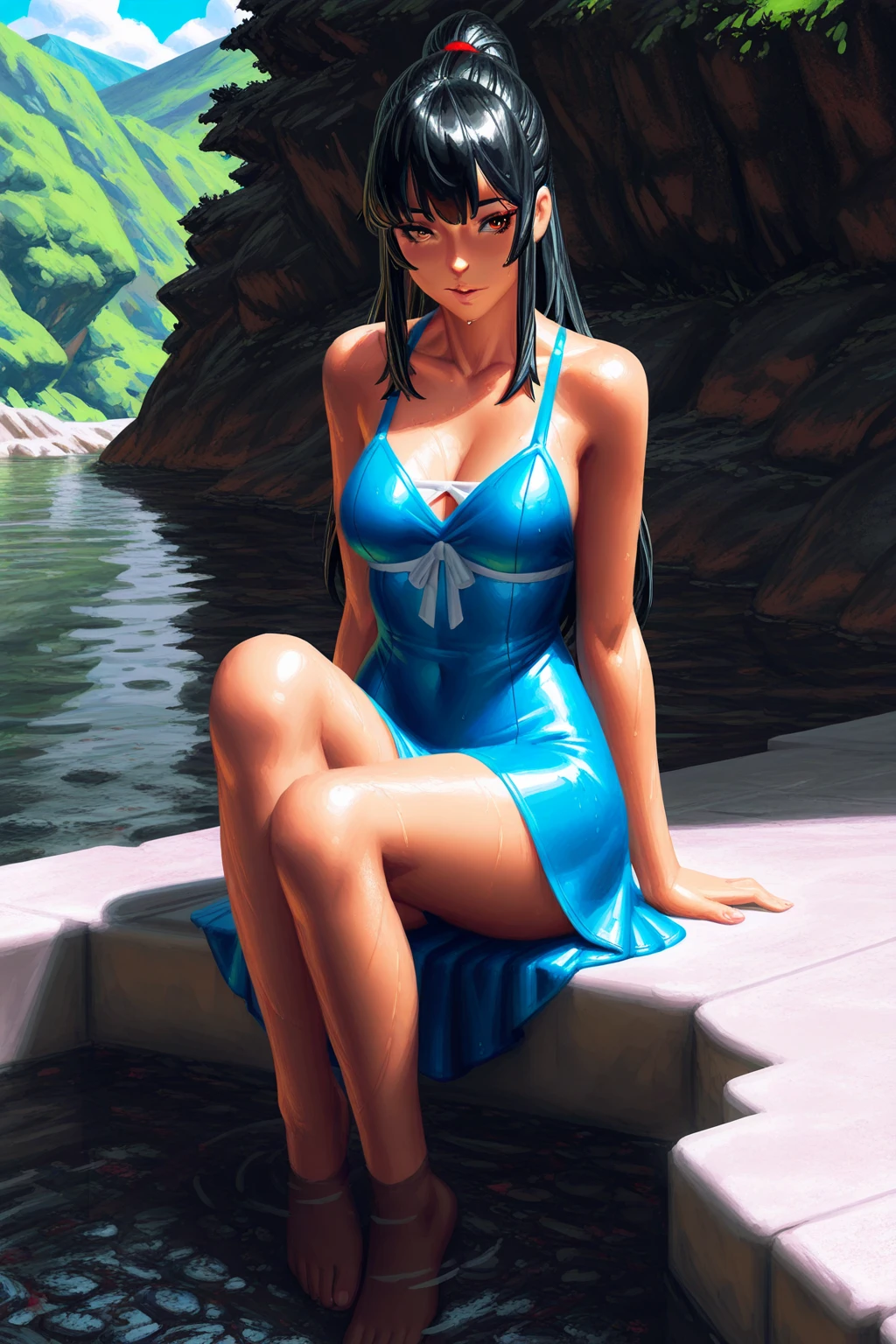 Full character(from head to foots), a woman with white skin, black hair and brown eyes that uses a nurse uniform and glasses stepping next to an beach