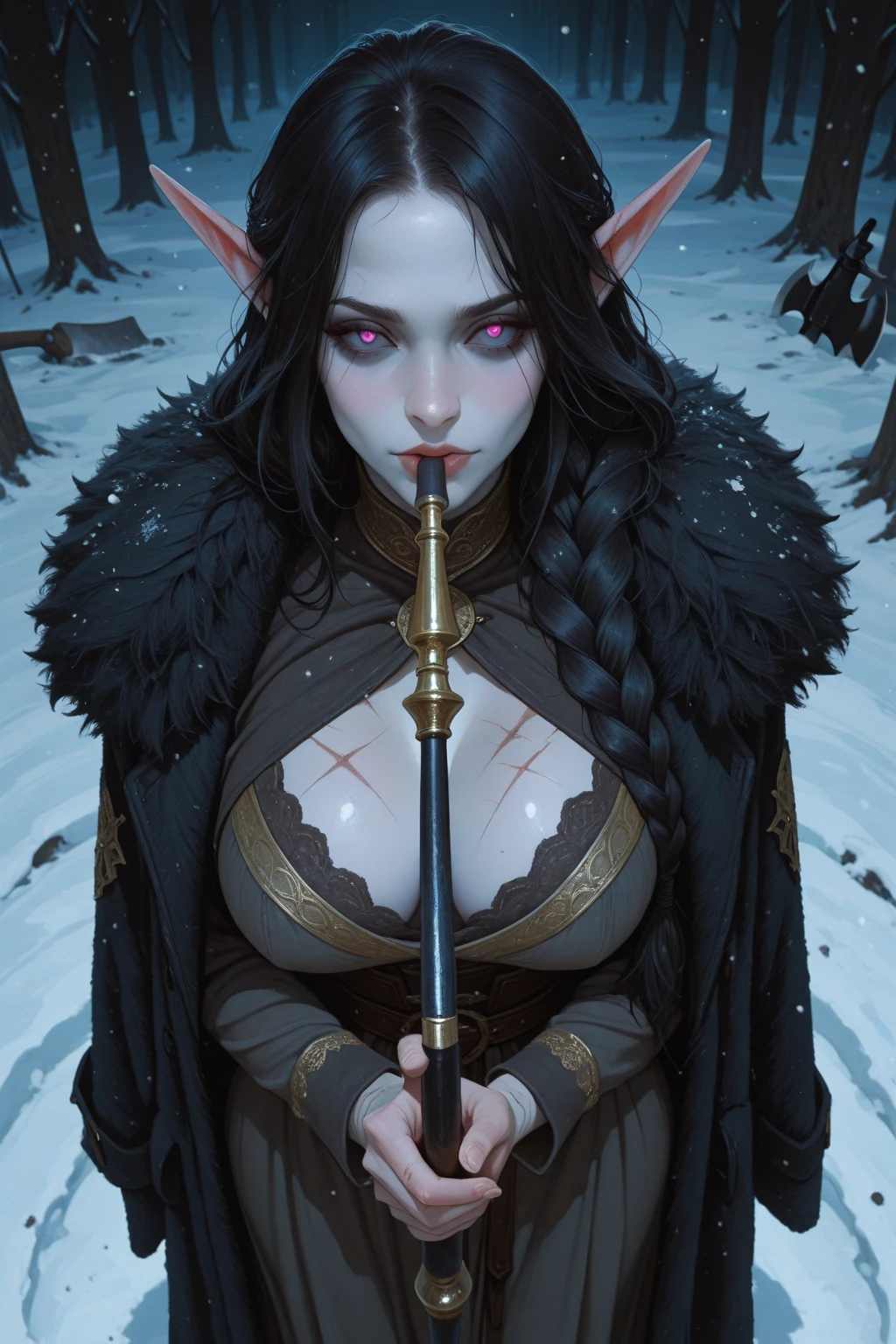 (masterpiece, top quality, best quality, official art, beautiful and aesthetic:1.2), (1girl:1.3), ((Sharp facial features, sharp features, hawkish features)), ((big hair, long elf ears, long black hair)), (((pale purple skin, pale blue skin, blue skin, purple skin))), big tiddy dark elf girl, extremely detailed, portrait, looking at viewer, solo, (full body:0.6), detailed background, full-body shot, (cold night mountain theme:1.1), dark elf war dancer, (spiky winged helmet), charlatan, smirk, mysterious, swaying in mountains, skimpy attire, revealing gladiatrix costume, ebony metal, gold filigree, gold bikini, circlet, metal bikini, long boots, dual knives, blood red fabric, pelvic curtain, loincloth, black leather, ((((topless, gigantic breasts, cleavage, skindentation, long legs, pelvic curtain)))), cute belly button, toned tummy, slim waist, slim hips, long legs, medieval (mountain exterior:1.1) background, dark mysterious lighting, shadows, magical atmosphere, dutch angle, undersized bra, huge breasts, skindentation, cleavage, underboob, sideboob, bursting breasts