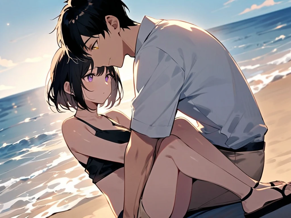 A middle-aged man is kissing a topless, pantyless, blue-checked skirt-wearing girl with erect nipples, short black hair, small breasts and pale pubic hair, as she spreads her legs and cries on a train.