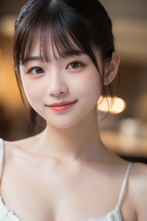 highest quality,Photo quality,Ultra-high resolution,Professional Lighting,18-year-old,Beautiful face like an actress,With bangs,Costumes that hide nipples,Smile