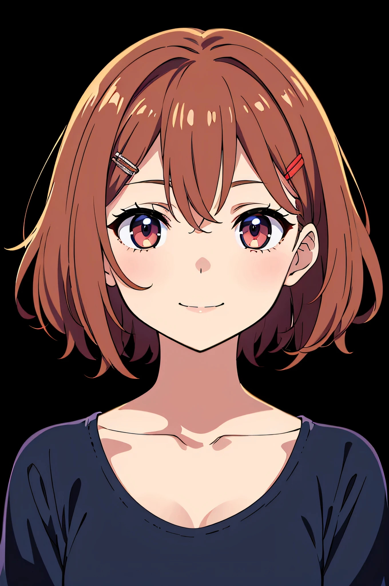 (high-quality, breathtaking),(expressive eyes, perfect face), summer dress, long dress, white dress, modern clothing, stylized clothing, accessories, hairclip, Symmetrical Eyes, portrait, half body shot, waist, dark blue and black background, Madoka Higuchi character, narrow eyes, cute smile