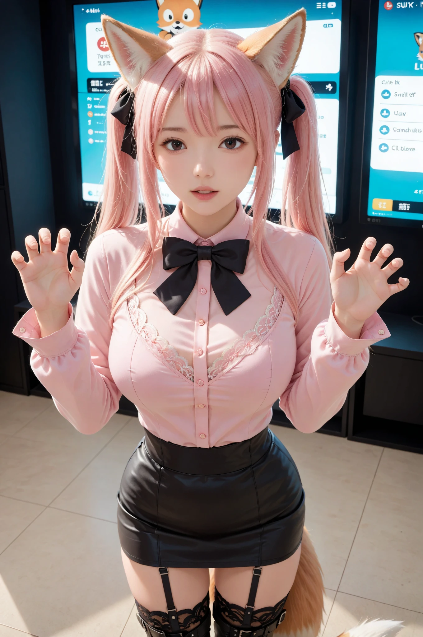 Highest quality、masterpiece、8k、Very detailed、Realistic、(One girl)、(Looking at me with a smile:1.5)、whole body、Black Hair、Small face、(Slender:1.2)、(Big Breasts:1.2)、(Pink tight-fitting, one-piece business jacket with buttons and a collar:1.2)