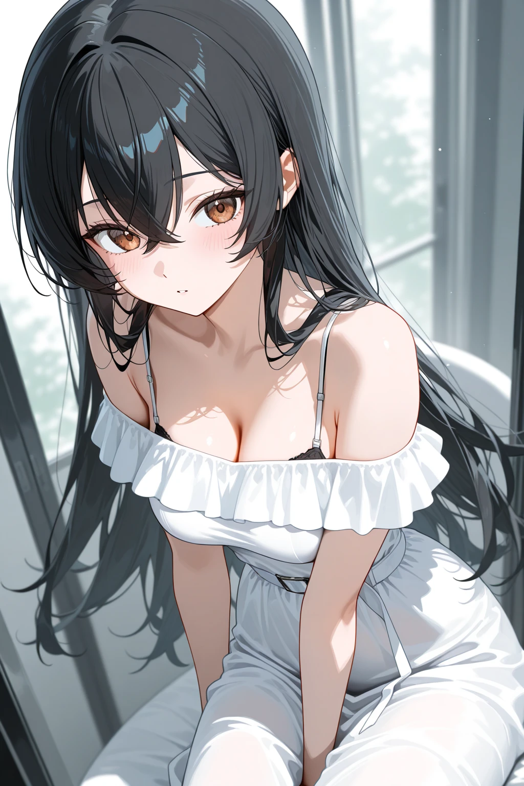 (2.5d anime,best quality, masterpiece, high resolution),cowboy shot,1woman,25 year old beauty,black hair,long hair,blunt bangs,black eyes,gorgeous eyes,shy,White tight tank top、Light grey sweat shortedium breasts,(skinny,slender body),gleaming skin,oily skin,Simple bedroom、Side lighting, oily skin, 8K Ultra HD, Soft Light, high quality, high resolution, 8K,