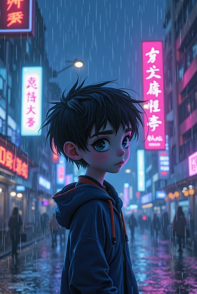 masterpiece, best quality, 1 boy, night city, rain, coat, detailed face, detailed eyes, beauty eyes, looking at viewer, hands in pockets