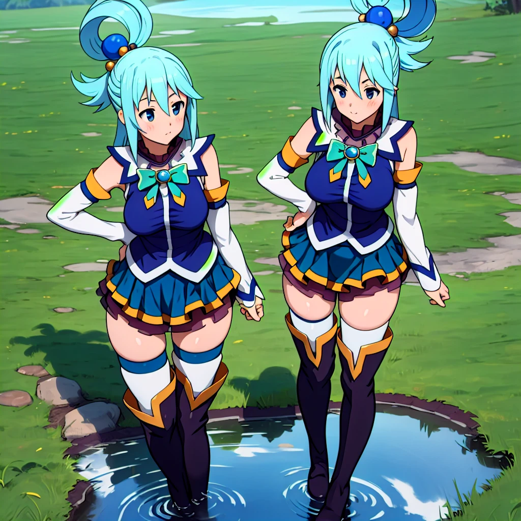 1 girl, Aqua Konosuba, blue hair, (huge ass:1.2), juicy buns, no panties, (Angle on the ass), vin in the back, bent down slightly