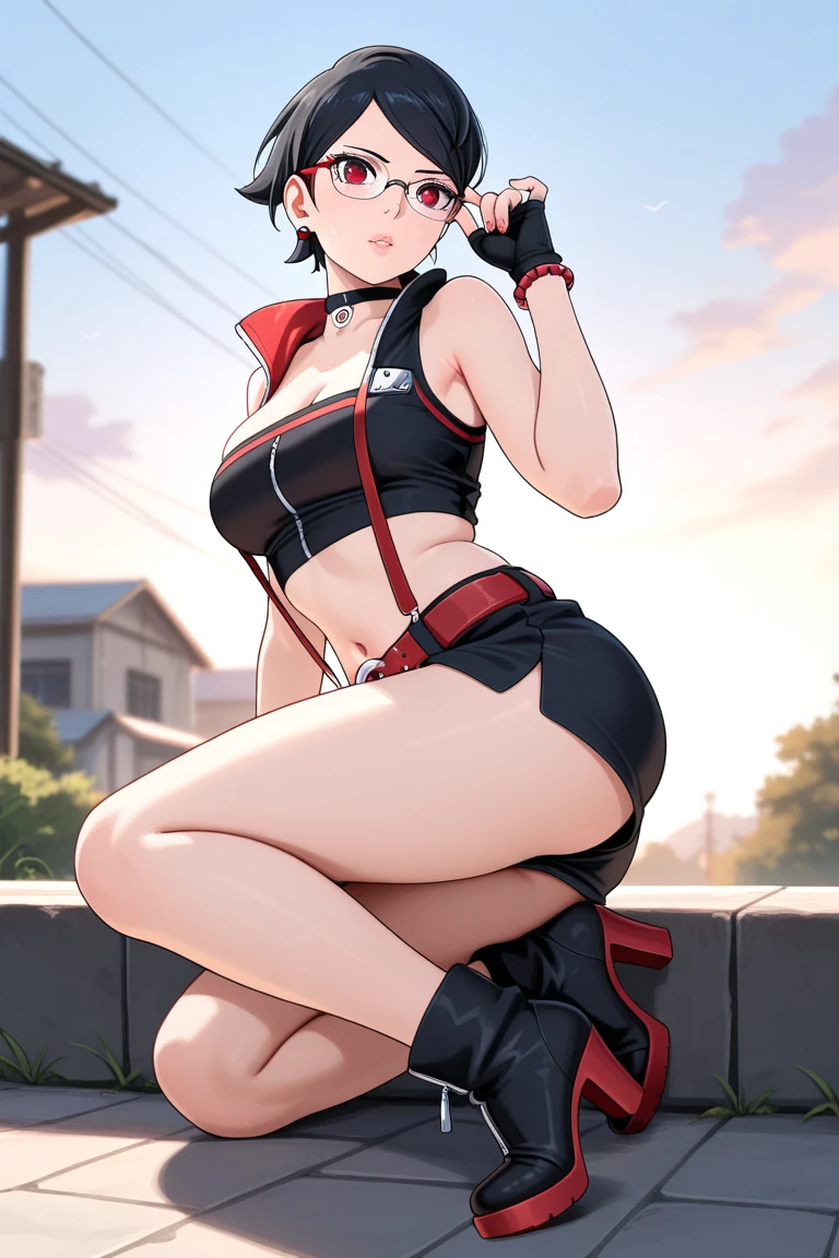 1 girl, teenager, solo, demi_human, medium breasts, wolf ears, red eyes, short hair with sidelocks, red and brown hair, light smile, canine teeth, tight crop_top, black leg fishnets, short trousers, cute pose, sideboob