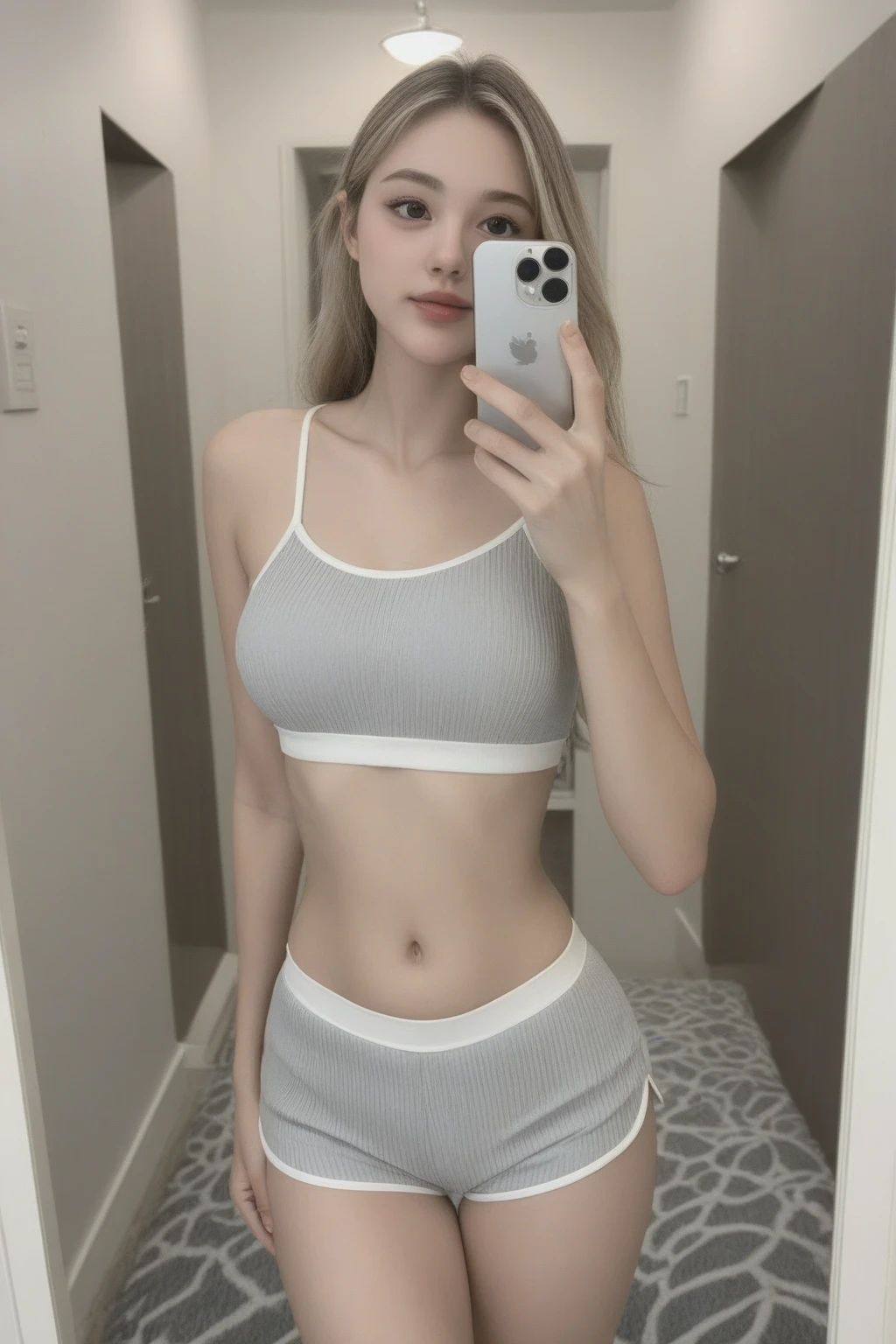 1 girl, blonde, 15 years, small, perfect body, big hip, small waist, perfect face, standing, straight and without postures, straight head, body facing the viewer, looking at the viewer, head to the photo, feet without postures, Feet side by side, unbent knees, straight legs, hands down, realist, maximum definition, 8k, masterpiece, large white room, white ceramic floor, closed white curtains, detailed blue eyes, defined face, Detailed face, pink strapless top, pink leggings, white sports shoes, belly button, 8k, beautiful, large eyes, Detailed description, original, realist, Far front view, correct anatomy, 5 fingers, bare shoulders, dull skin, model footwear