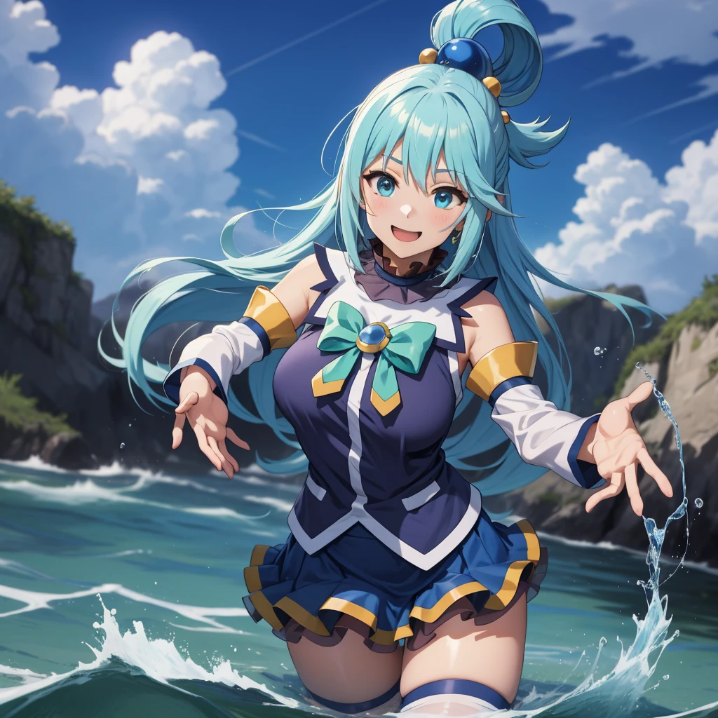 best quality, ultra-detailed, masterpiece,(masterpiece:1.2), hires, 8k,
extremely detailed CG unity 8 k wallpaper, unreal engine rendered,
illustration, painting, anime, comic, game cg,
aqua \(konosuba\), 1girl, solo, blue hair, long hair, blue eyes, medium breasts, barefoot,
fine fabric emphasis, white thighhighs, wet hair, wet clothes,  wet, sweat, (covered nipples:0.7), zettai ryouiki, 
happy, smiley face, smile,laughing , open mouth, half-closed eyes, eyebrows visible through hair,Curved eyebrow,
dabble,  standing in the water, pov hands, outstretched arms,Palm up, jumping,
outdoors, petals on liquid, water, lake, river, beautiful detailed water, (water drops:1.4),
day, sunlight, 
depth of field,
good hands,
 <lora:aquaKonosubaLora_1:0.7>, <lora:shinyOiledSkin_v1:0.3>,  <lora:barefoot:0.5>