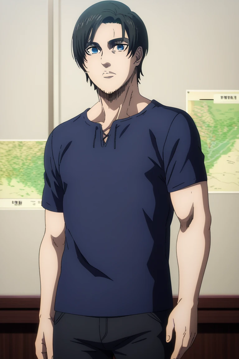 mejor calidad, obra maestra, (realista: 1.2), 1 hombre, Eren Jaeger, jeans negros, pantalones negros, cabello castaño, ataque en Titan, cold background, black jacket, slim body, high definition, high quality, shirtless, abs, muscles, blue eyes, brown hair, black jeans, jeans, muscle definition, manbun, tied hair, long hair tied