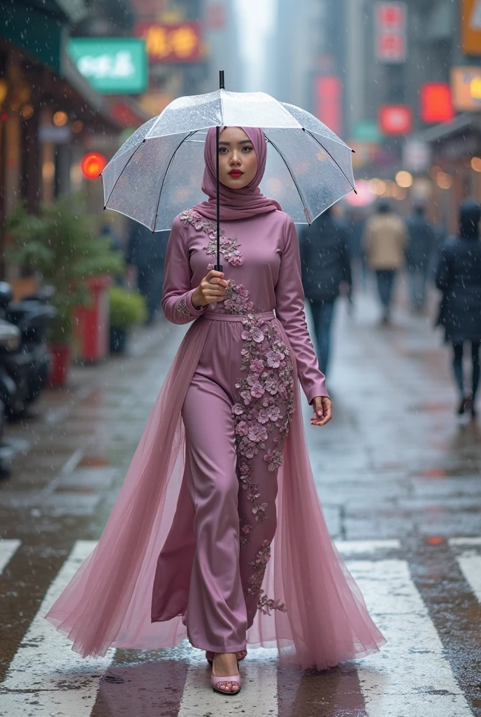 Malay with pastel color hijab girl, walking, catwalk, (8k, RAW photo, best quality, masterpiece:1.2), (realistic, photo-realistic:1.37),cute,cityscape, night, rain, wet, professional lighting, photon mapping, radiosity, physically-based rendering,