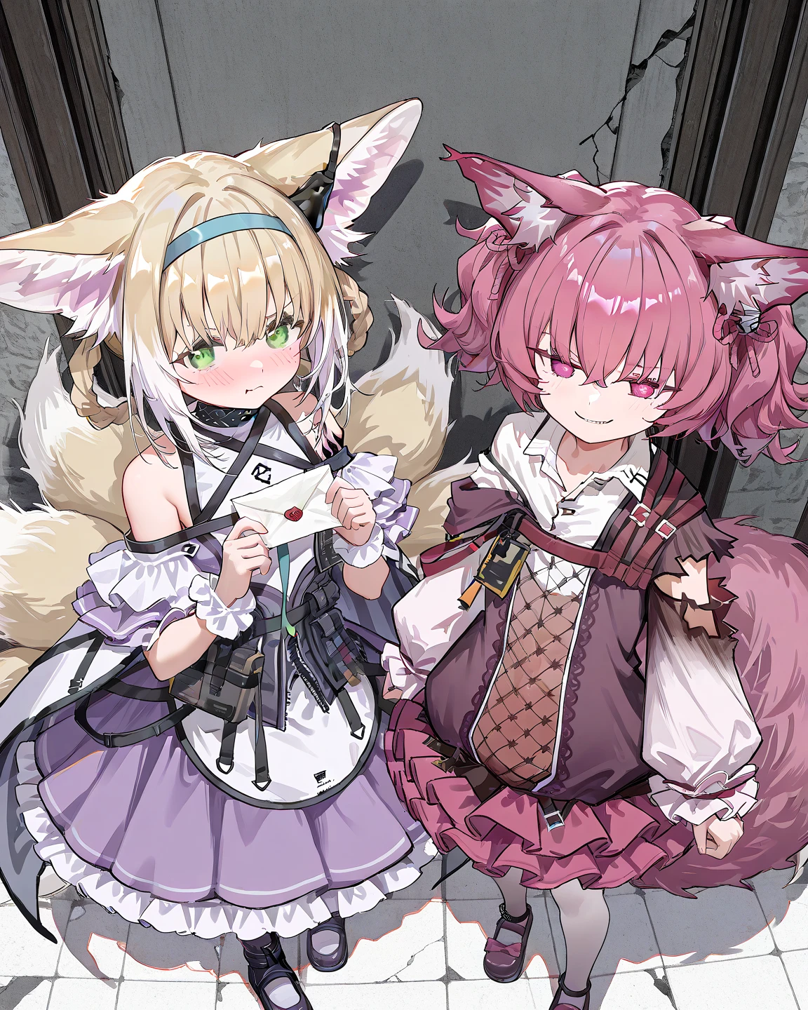 2girls , Two girls are standing side by side ,
break ,
girlA , Shamare_Arknights , 138cm , holding a letter , grumpy , averted her eyes shyly , blush ,
break ,
girlB , Suzuran_Arknights , 137am , holding a letter , innocent smile ,
break ,
( ambient occlusion:0.9 ) , masterpiece , best quality , ultra-detailed , high resolution , extremely detailed CG , unity 8k wallpaper , super detailed skin , perfect anatomy , detailed , detailed beautiful face and eyes , highres , chiaroscuro , cinematic lighting , from above , cinematic angle ,