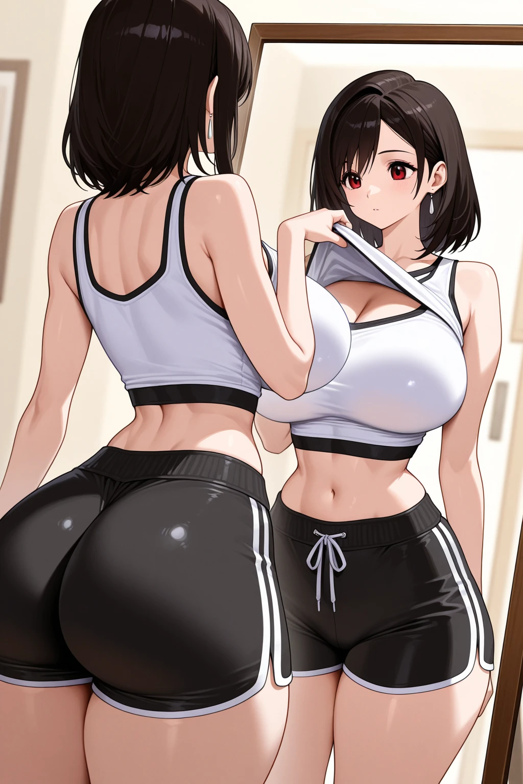 (back view). Beautiful 24 yo woman of Irish descent. athletic figure,(pale:1.4)complexion. raven black hair, green eyes, cute butt, nice legs. Kind eyes,(joy:1.3),(smile:1.3). Very light makeup, ponytail, tank top, sweat pants, bare feet. Relaxed, playing video games.
(masterpiece), best quality, expressive eyes, perfect face.