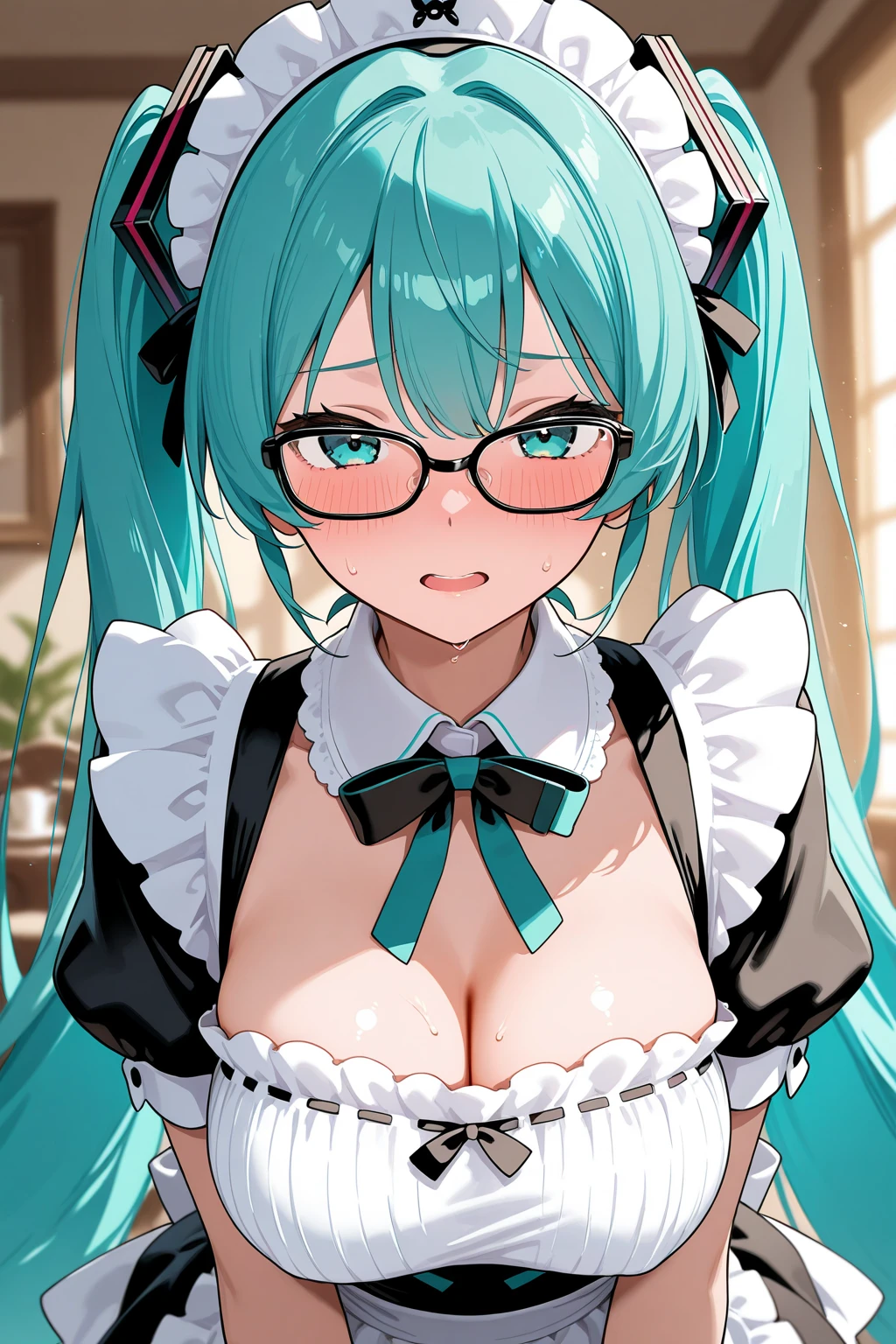 One Woman、Braided twin tails、Huge breasts、(Huge breasts:1.8)、Glasses、blue eyes、Green Hair、close your eyes, Tears in the eyes、Open your mouth, What saliva leaves behind, Wet skirt hem, Spreading her pussy with her fingers,Spread the vaginal opening with your fingers and show it,Spreading her vagina with her fingers,Spreading her vagina with her fingers