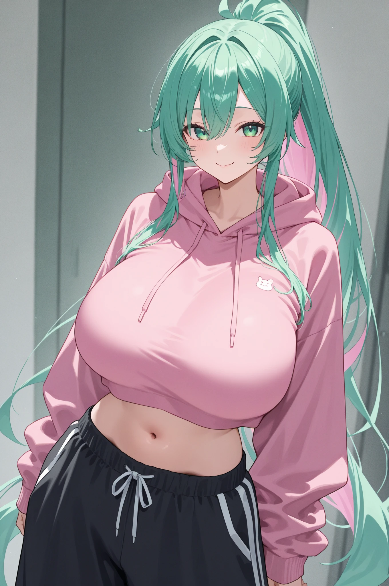 best quality, (masterpiece),(ultra-detailed), (high quality), (high resolution), ((2heads:1.5)), ((violet hair)),, large breasts, shorts , full body,best quality:1.5, highres, UHD, 4K), smiling, ((seductive pose)), ((detailed eyes)), (mature woman), exposed midriff, ((green eyes)) (white jacket), long sleeves, pants, black pants, pleated skirt, skirt, track jacket, track pants, track suit, ((magenta hair color))