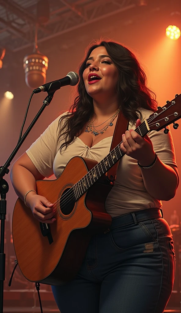 1 girl, idol, ((Idol Costume)), Overweight, extremely fat, ((Chubby)), Double chin,Acoustic guitar, stage, ((8k)), highest quality, 超High resolution, (surreal)、(High resolution