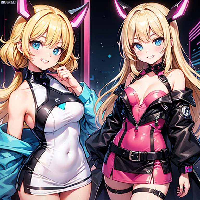 2 chicas rubias con un bunny suit de playboy,Medias de rejilla y tatuajes en una sala gamer con LED
